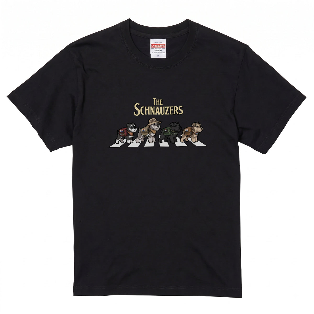 THE SCHNAUZERS 横断歩道 キャンプ ゆるかわ パロディTシャツ 【犬好き・愛犬家・アウトドア・ギフトに最適】