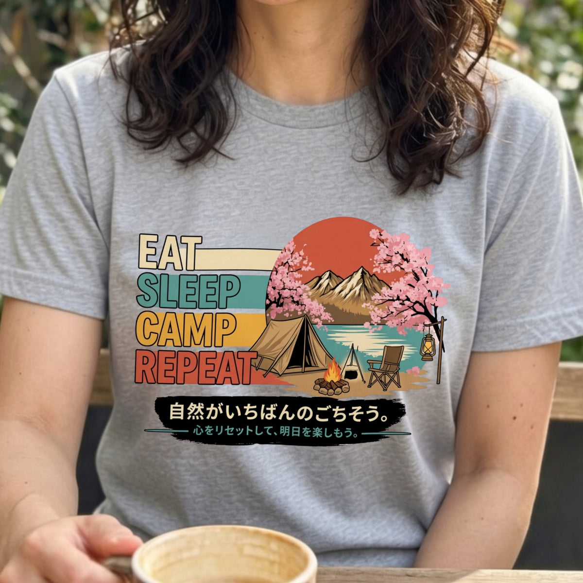 Eat Sleep Camp Repeat Cute Cat Sakura T-Shirt