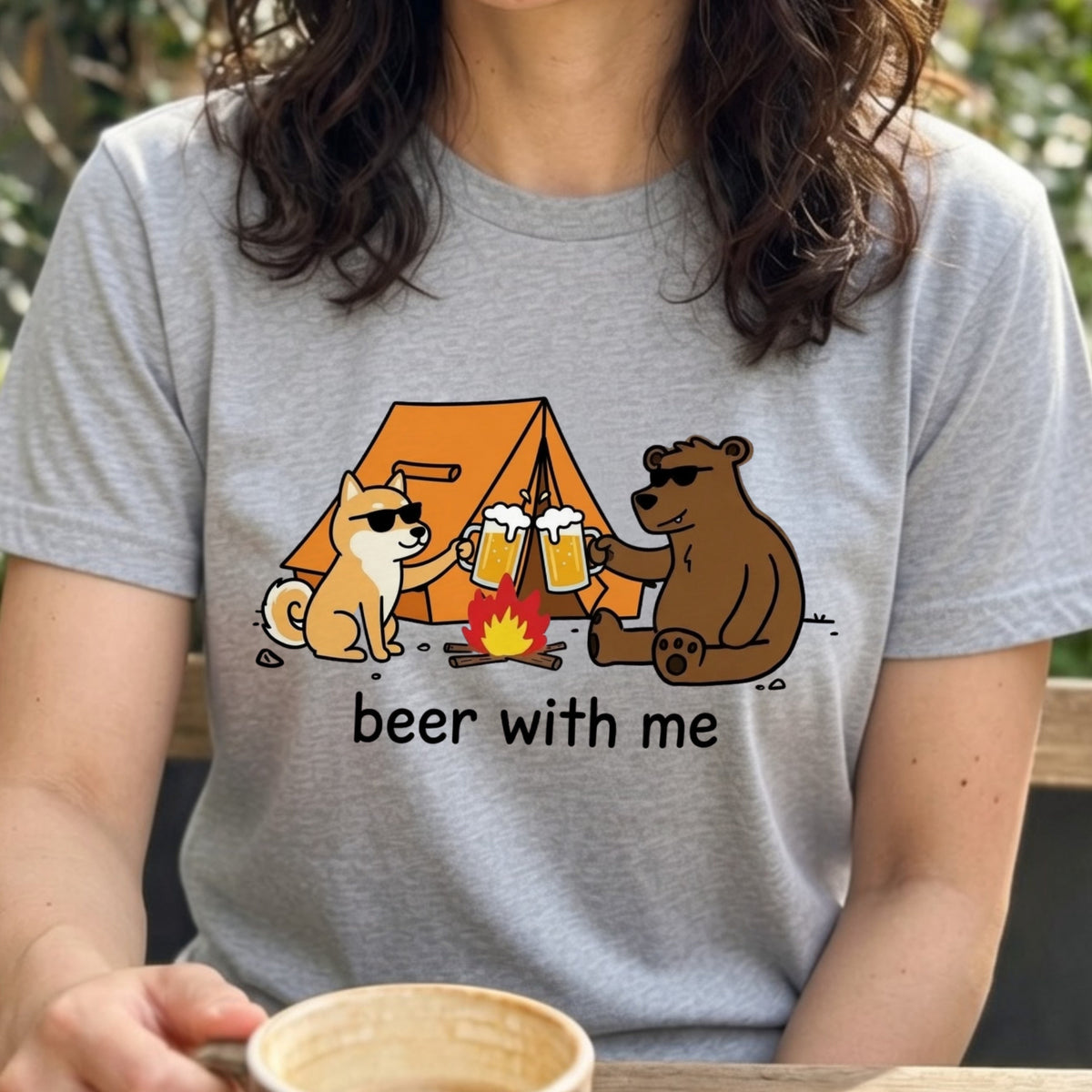 Campfire Cheers Shiba Inu And Bear Graphic T-Shirt