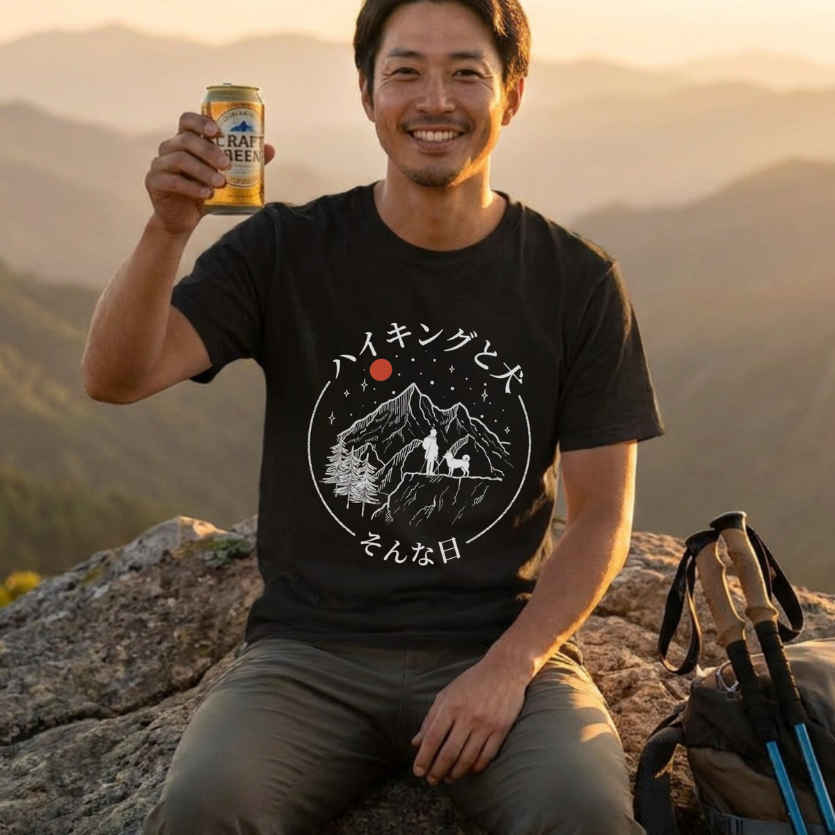 Hiking With My Dog Japanese Mountain Line Art T-Shirt