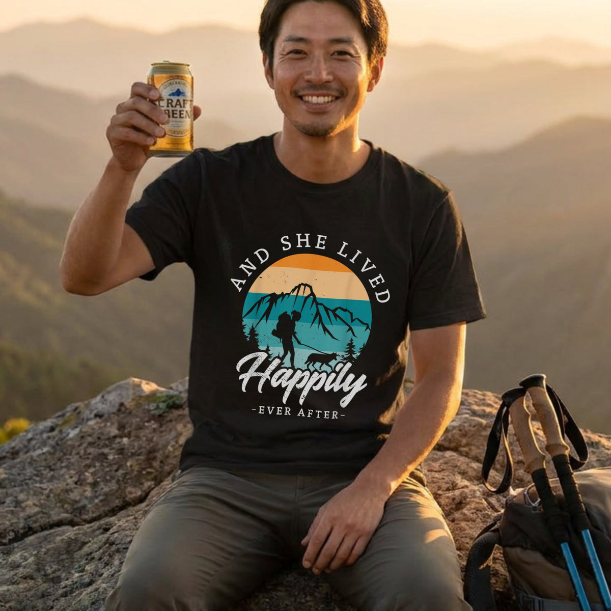 Woman Hiker And Dog Vintage Sunset Graphic T-Shirt