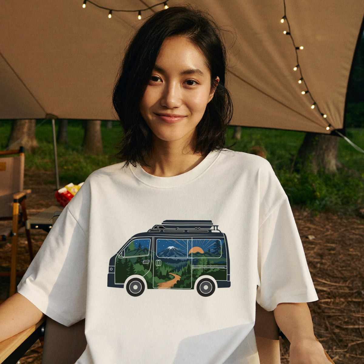 Camper Van Mount Fuji Sunset Landscape T-Shirt