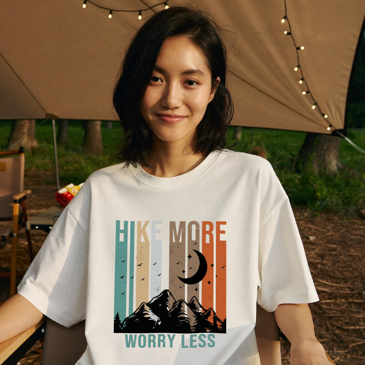 Hike More Worry Less Retro Striped Mountain T-Shirt