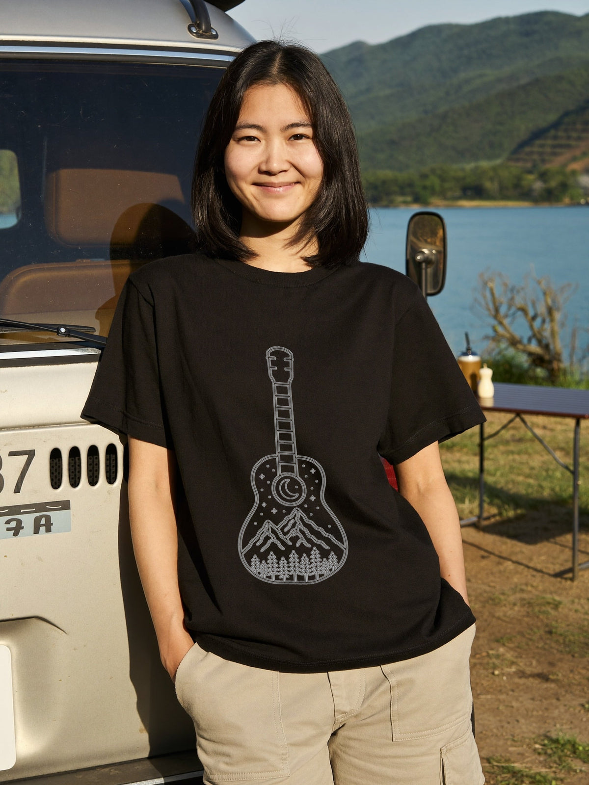 Guitar Mountain Night Sky Camping T-Shirt