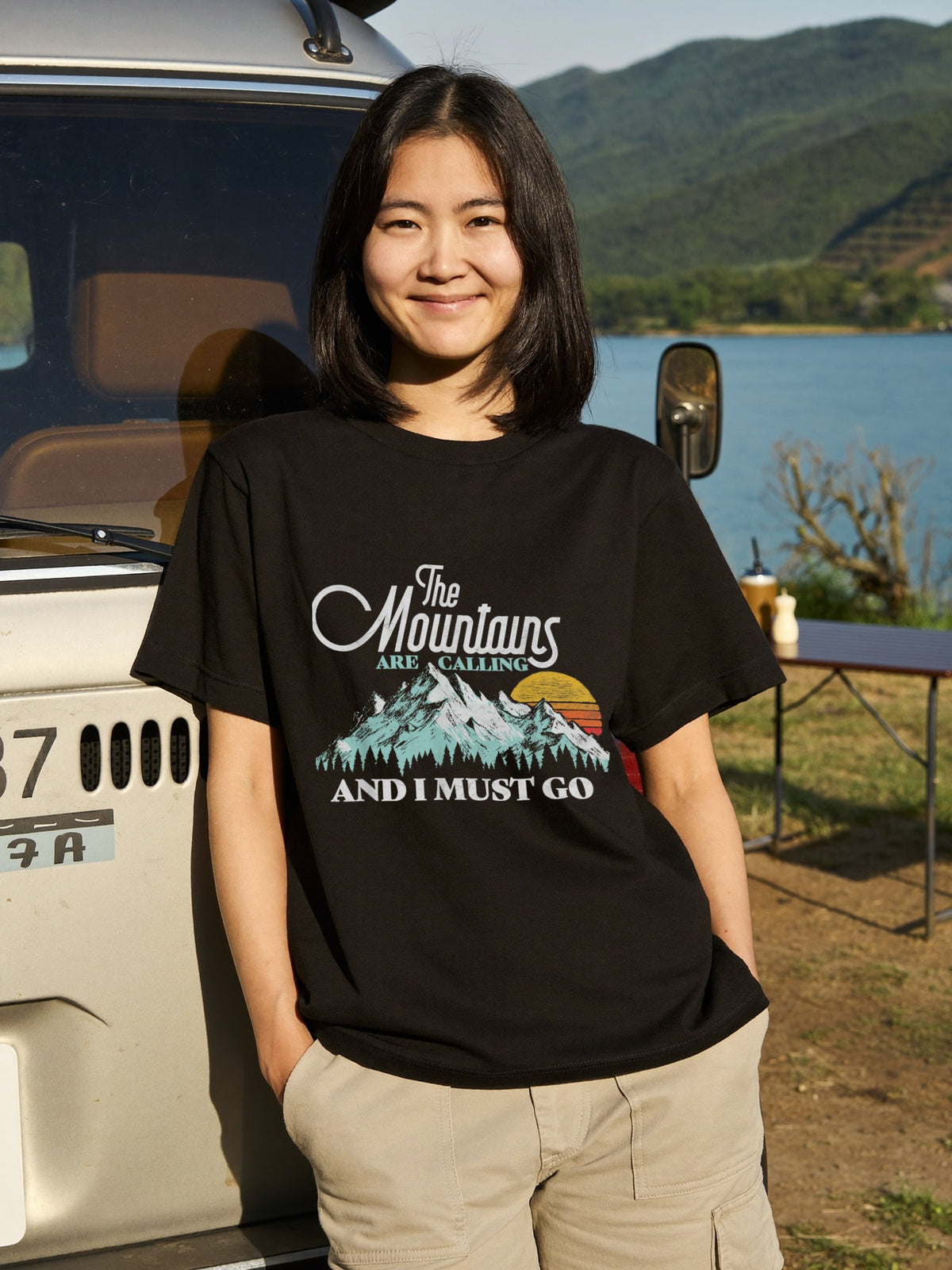 The Mountains Are Calling Script Sunset Hiking T-Shirt
