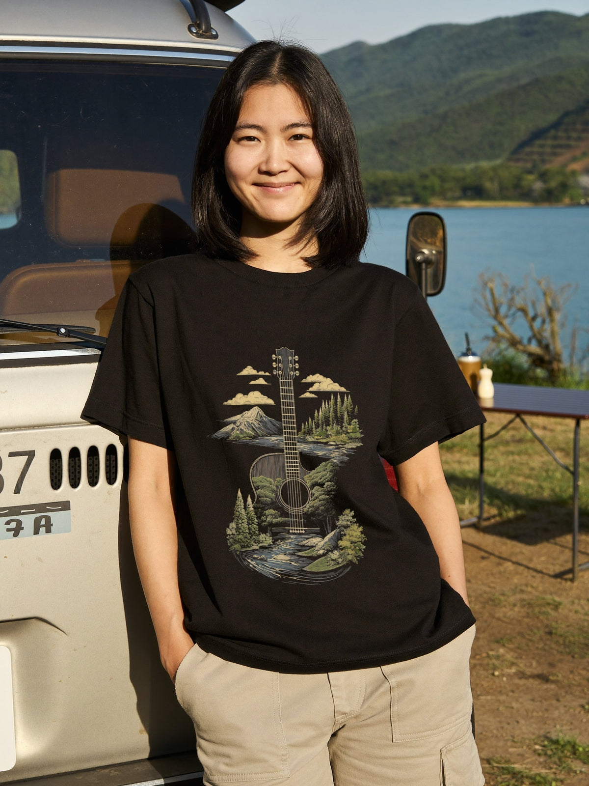 Guitar Forest River Mountain Vertical T-Shirt