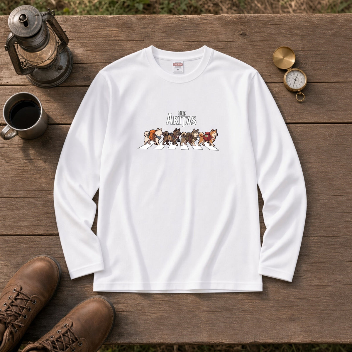 THE AKITAS | 秋田犬 横断歩道 バンド風 ロンT 長袖Tシャツ 日本犬 犬好き ロック【秋田犬グッズ・愛犬家・散歩・おもしろ・かわいい・誕生日ギフトに最適】