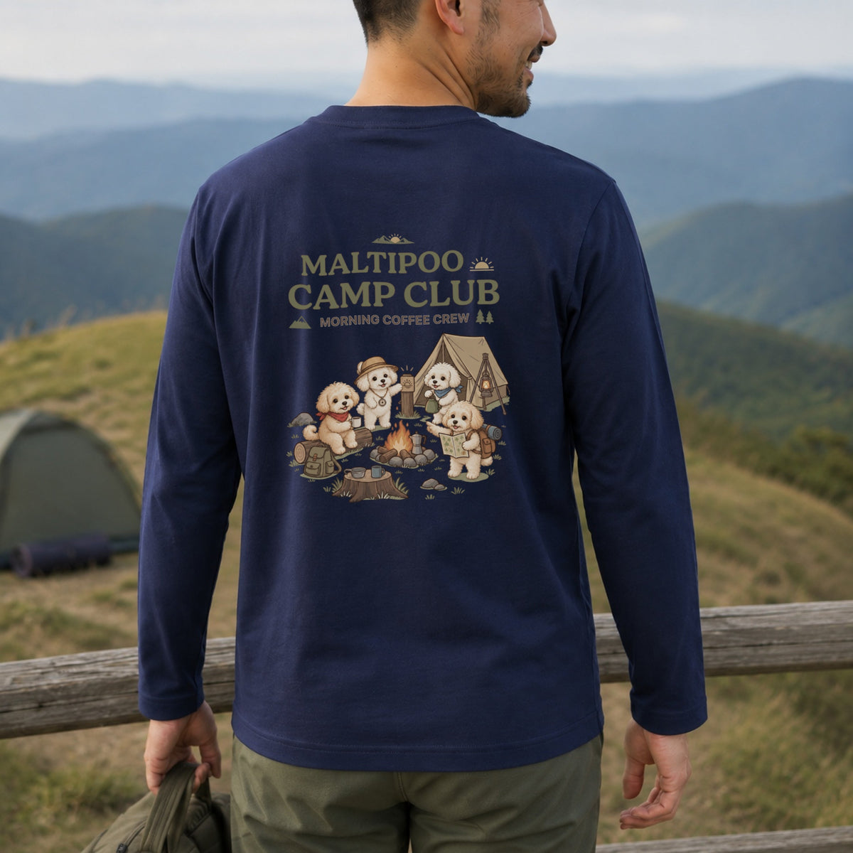 Maltipoo Camp Club Campfire Coffee Back Print Long Sleeve T-Shirt