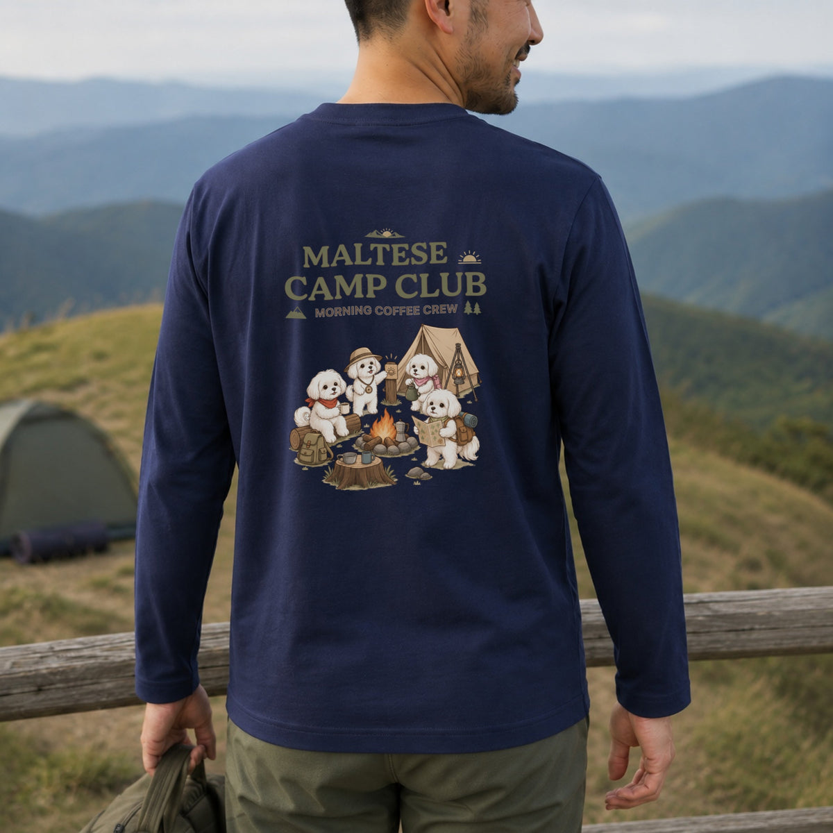 Maltese Camp Club Campfire Coffee Back Print Long Sleeve T-Shirt