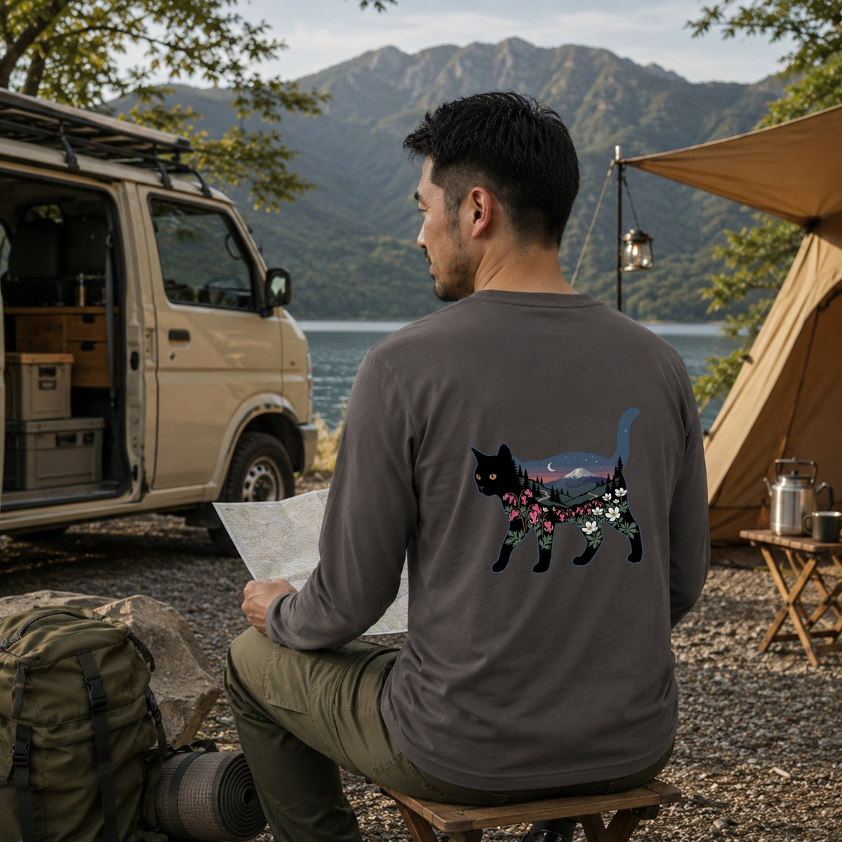 Mount Fuji Night Sky Floral Black Cat Long Sleeve T-Shirt