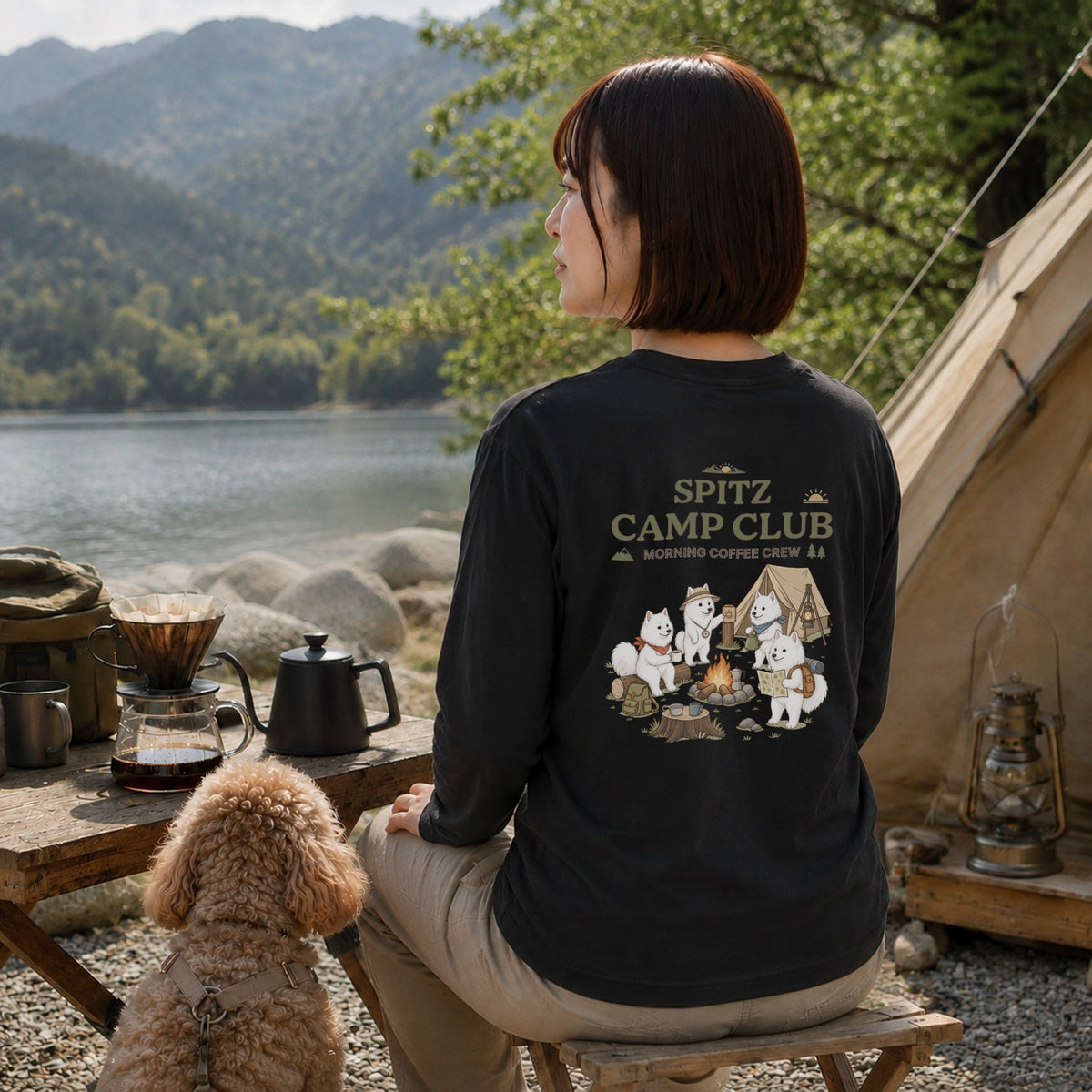 Japanese Spitz Camp Club Back Print Long Sleeve T-Shirt