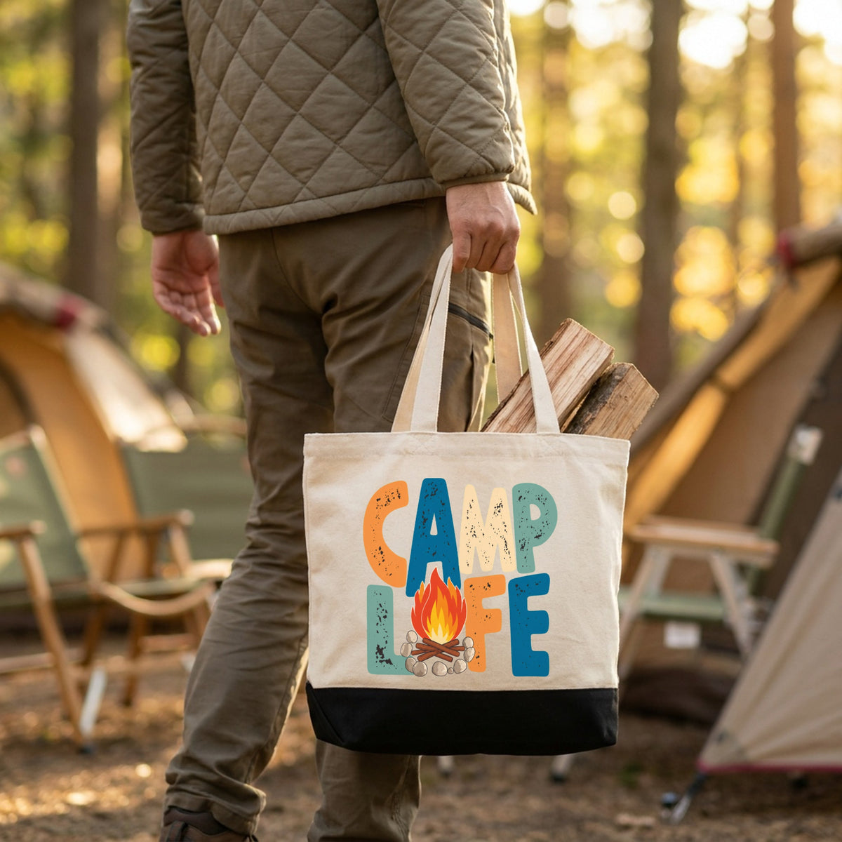 Camp Life Retro Campfire Canvas Tote Bag