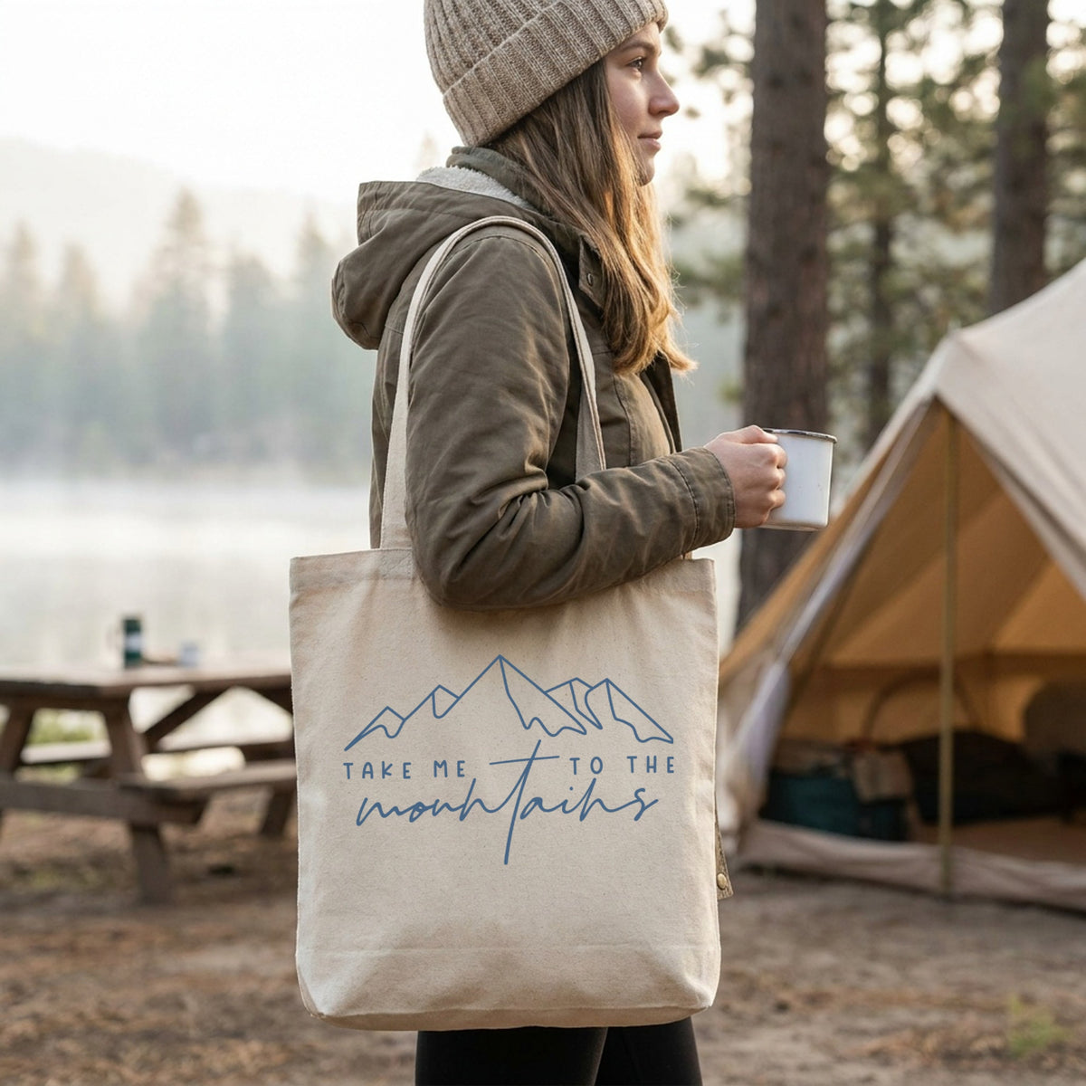 Take Me To The Mountains Blue Line Art Canvas Tote Bag