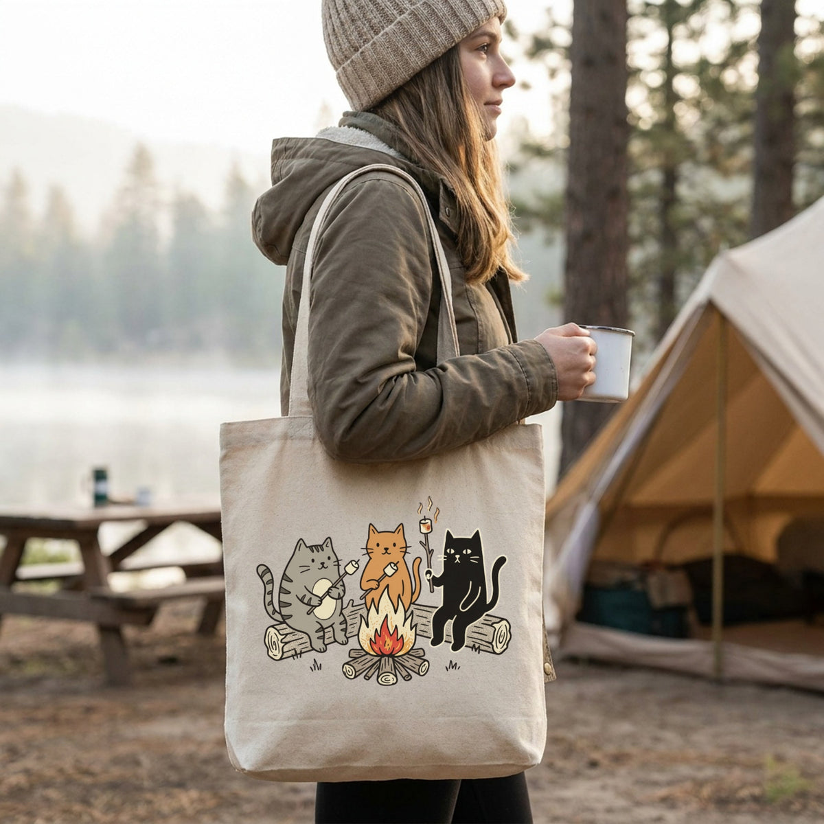 Camping Cats Campfire Two-Tone Canvas Tote Bag