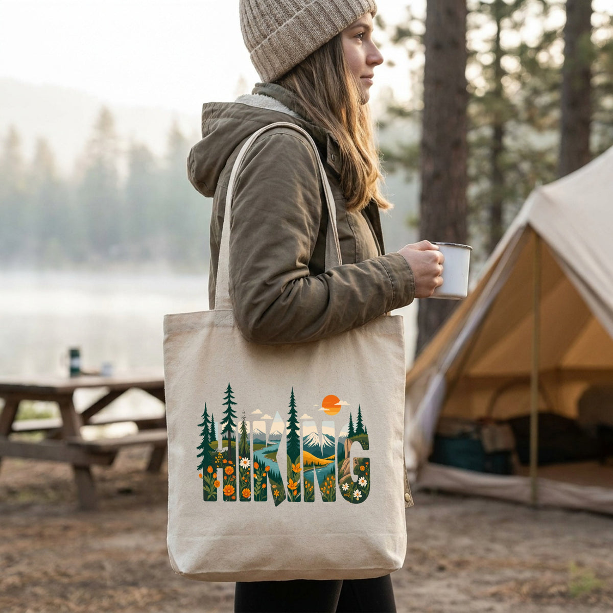 Vintage Outdoor Hiking Landscape Lettering Canvas Tote Bag