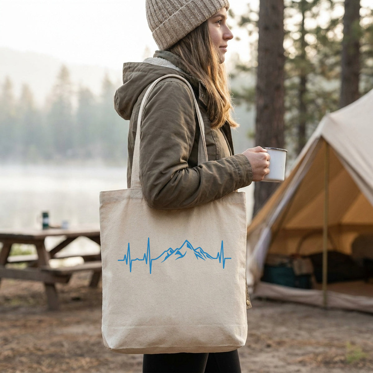 Mountain Heartbeat Pulse Line Canvas Tote Bag