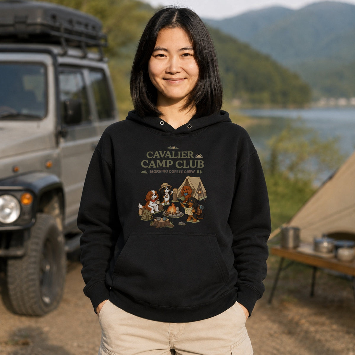 Cavalier King Charles Camp Club Campfire Coffee Hoodie