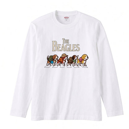 THE BEAGLES ビーグル犬散歩デザイン ホワイト長袖Tシャツ