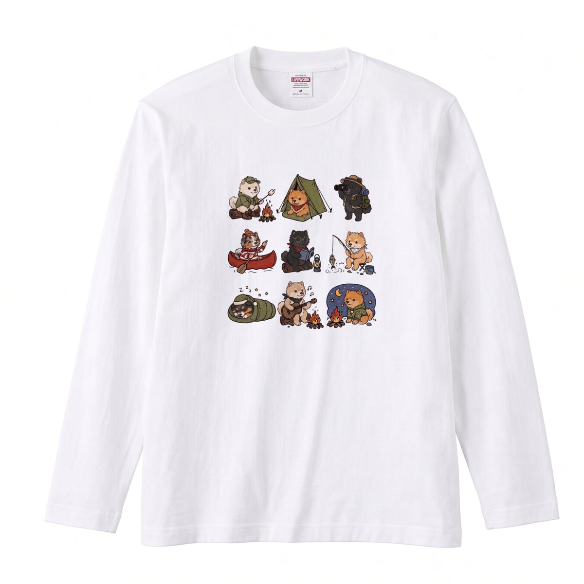 POMERANIAN CAMP | 手描き風 ポメラニアン キャンプギア かわいい グラフィック 長袖Tシャツ【犬雑貨・秋キャンプ・ルームウェア・ギフトに最適】