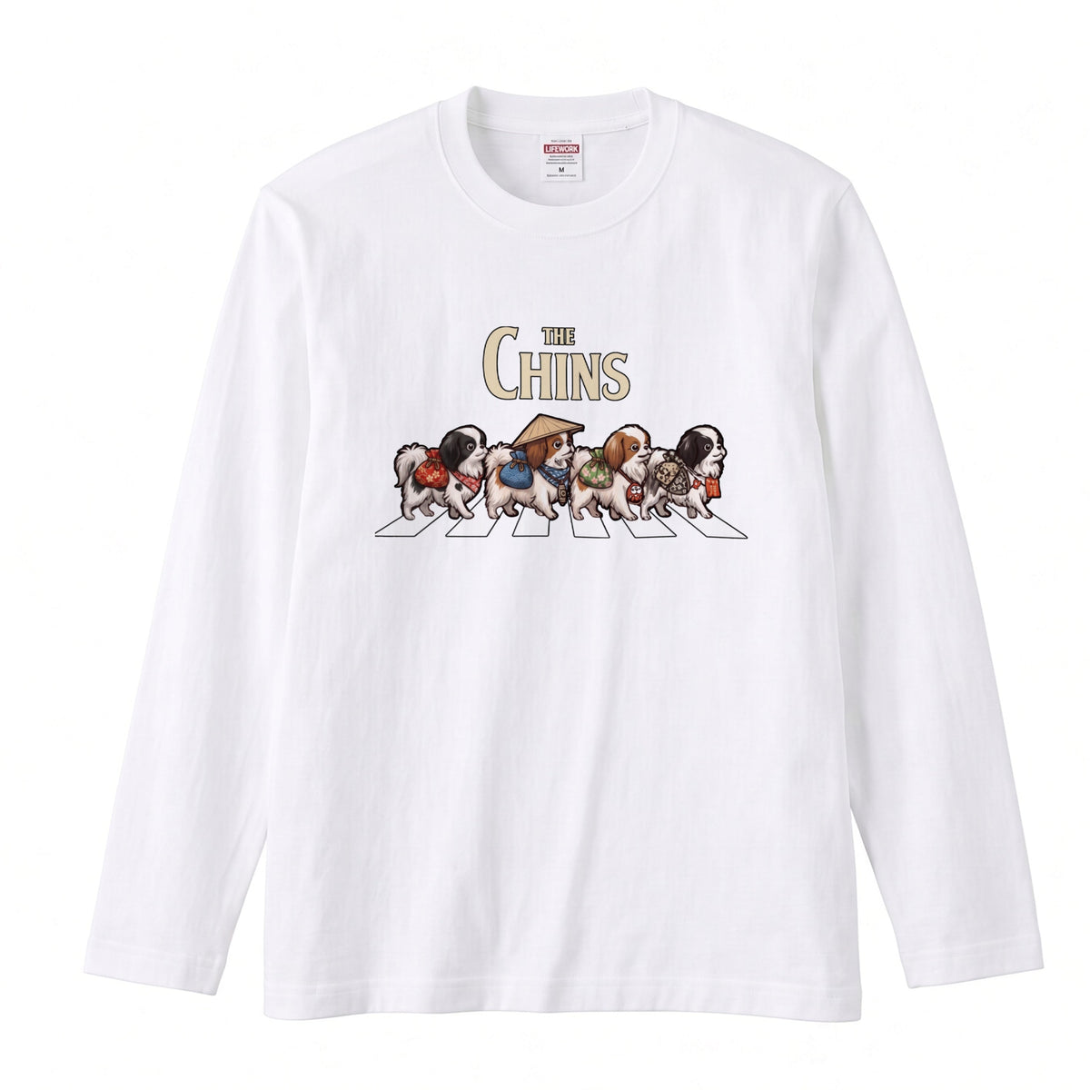 THE CHINS 狆（ちん）散歩デザイン ブラック長袖Tシャツ