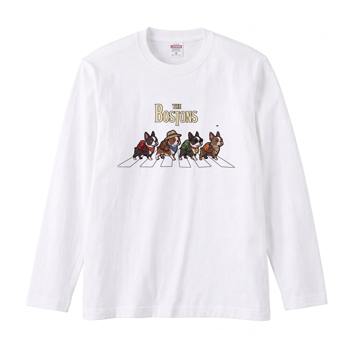 THE BOSTONS ボストンテリア散歩デザイン ブラック長袖Tシャツ