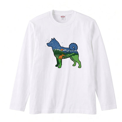 NATURE DOG ロンT | 日本犬シルエット 山と森 アートグラフィック 長袖 カジュアル Tシャツ【ドッグウェア・普段着・ルームウェア・ユニセックス・ギフトに最適】