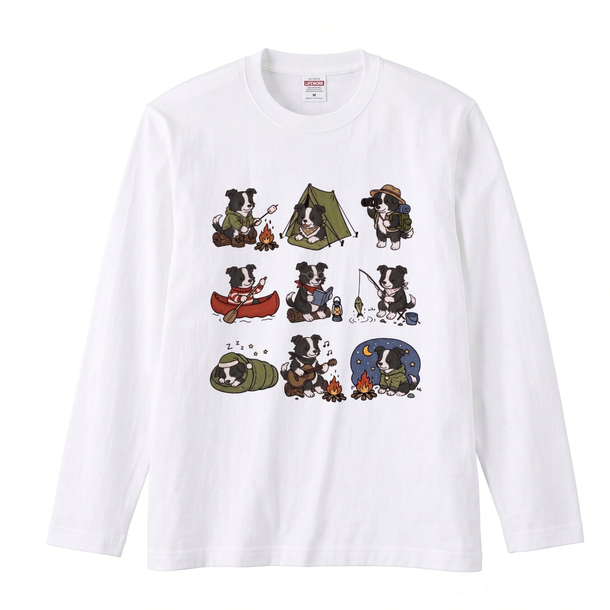 BORDER COLLIE CAMP | 手描き風 ボーダーコリー キャンプギア かわいい グラフィック 長袖Tシャツ【犬雑貨・秋キャンプ・ルームウェア・ギフトに最適】