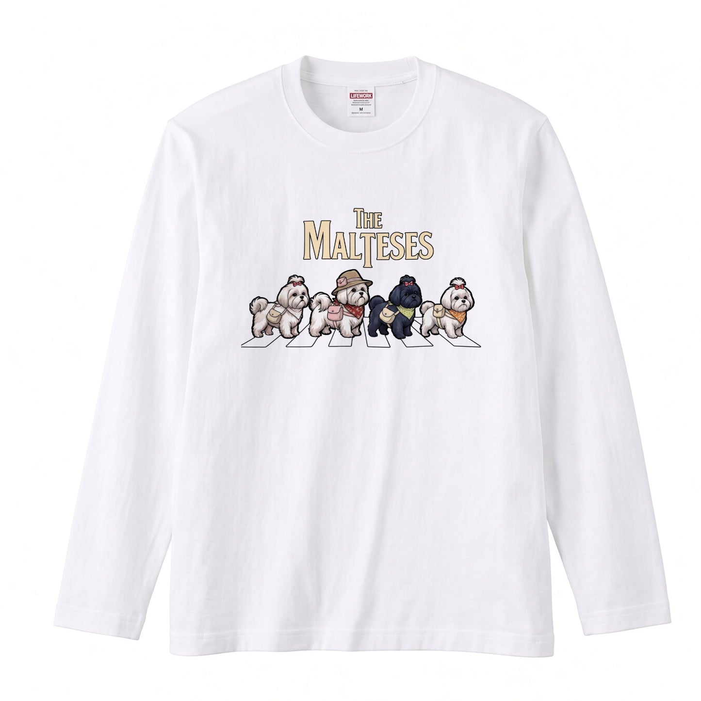 THE MALTESES マルチーズ散歩デザイン ブラック長袖Tシャツ