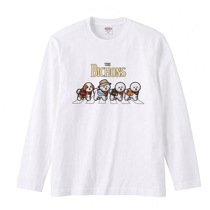 THE BICHONS ビションフリーゼ散歩デザイン ブラック長袖Tシャツ