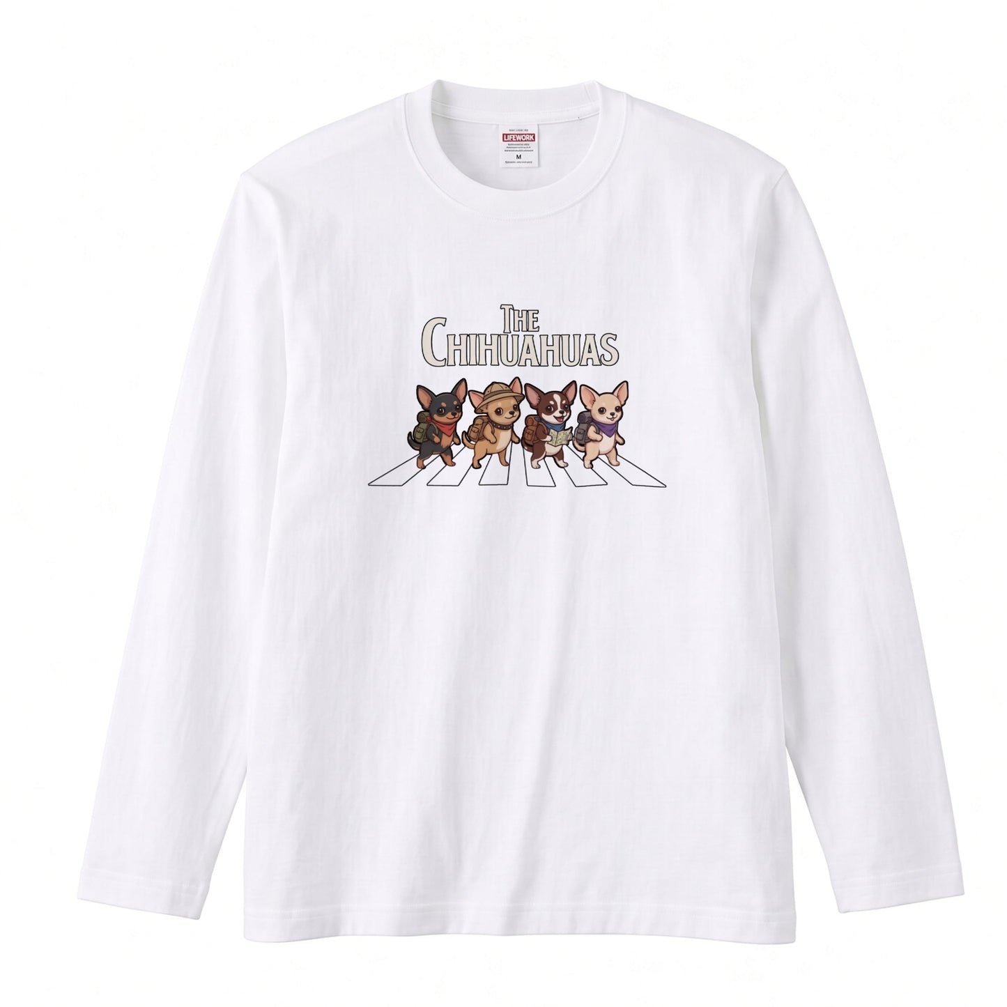 THE CHIHUAHUAS | チワワ 横断歩道 バンド風 ロンT 長袖Tシャツ 犬好き ロック【チワワグッズ・愛犬家・散歩・おもしろ・かわいい・誕生日ギフトに最適】