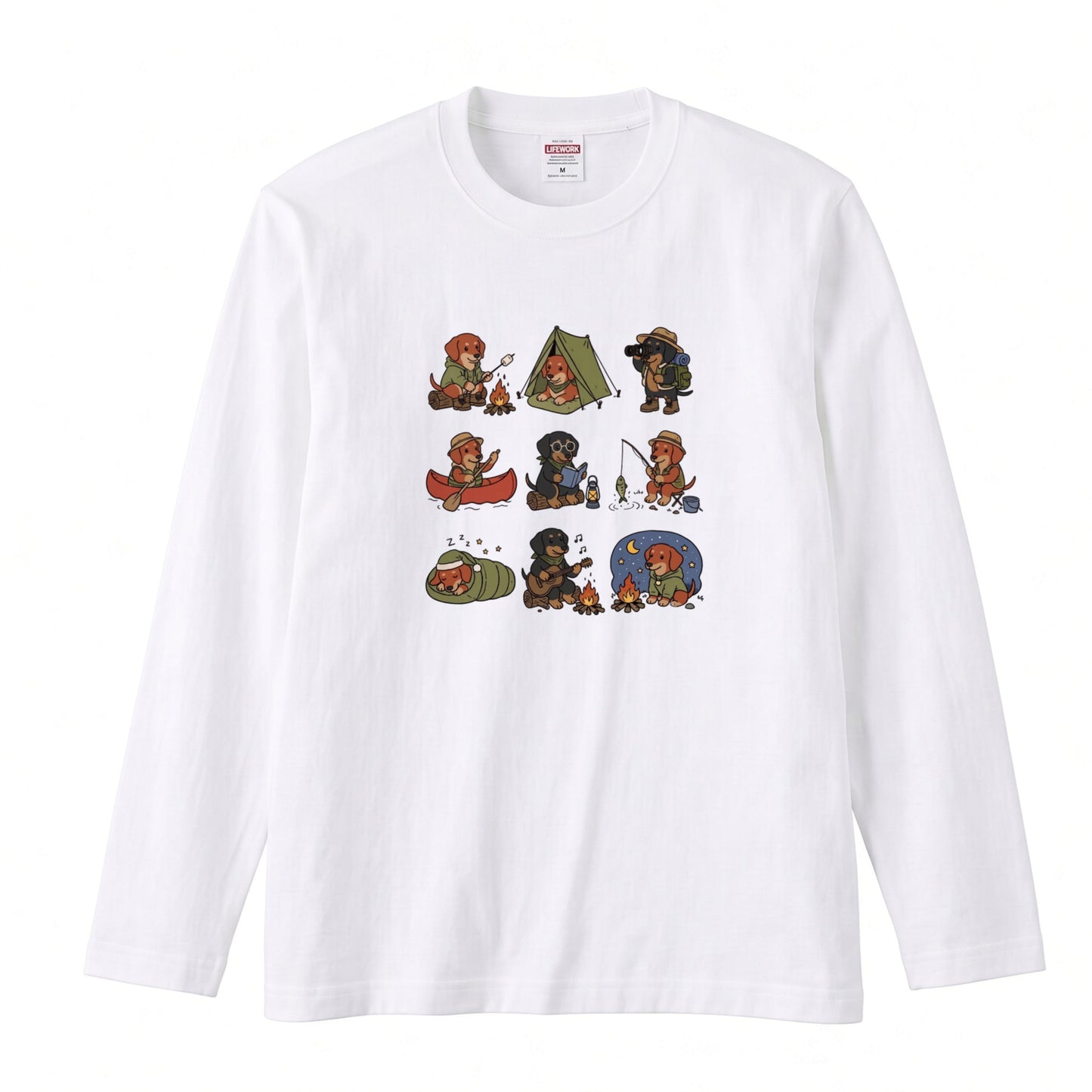 DACHSHUND CAMP | 手描き風 ミニチュアダックス キャンプギア かわいい グラフィック 長袖Tシャツ【犬雑貨・秋キャンプ・ルームウェア・ギフトに最適】