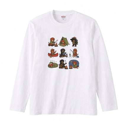 DACHSHUND CAMP | 手描き風 ミニチュアダックス キャンプギア かわいい グラフィック 長袖Tシャツ【犬雑貨・秋キャンプ・ルームウェア・ギフトに最適】