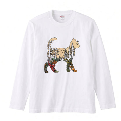 FOREST CAT ロンT | レトロ ボタニカルキャット アートグラフィック 長袖 カジュアル Tシャツ【猫ファッション・普段着・ルームウェア・ユニセックス・ギフトに最適】