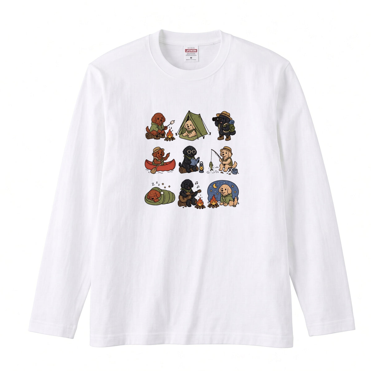POODLE CAMP | 手描き風 トイプードル キャンプギア かわいい グラフィック 長袖Tシャツ【犬雑貨・秋キャンプ・ルームウェア・ギフトに最適】