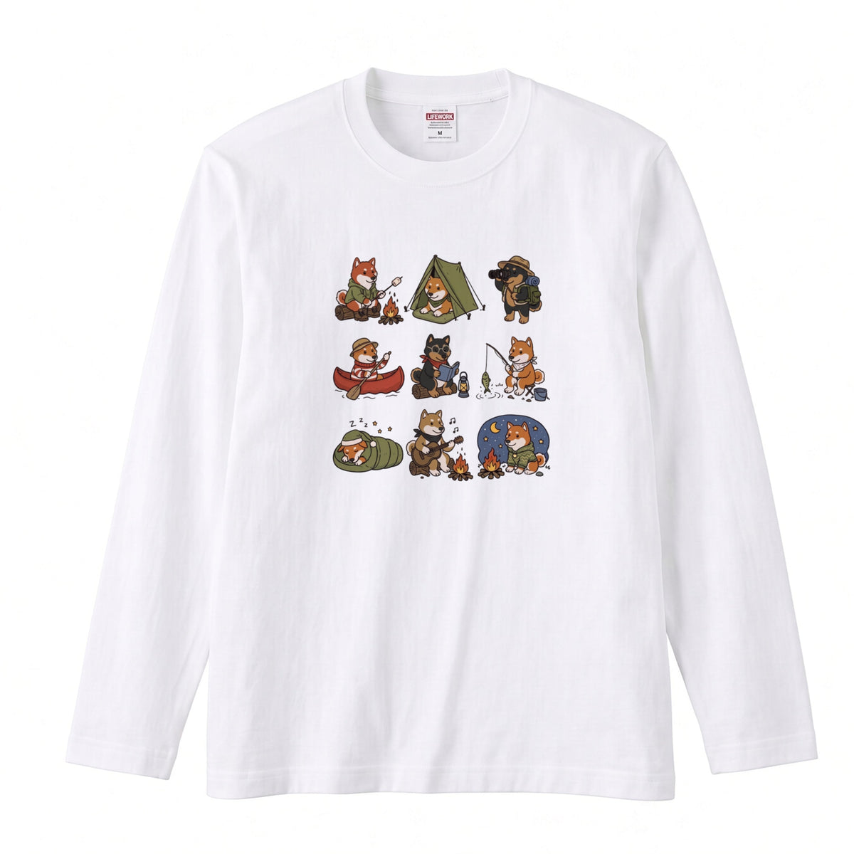 SHIBA CAMP | 手描き風 柴犬 キャンプギア かわいい グラフィック 長袖Tシャツ【和犬雑貨・秋キャンプ・アウトドア・ギフトに最適】