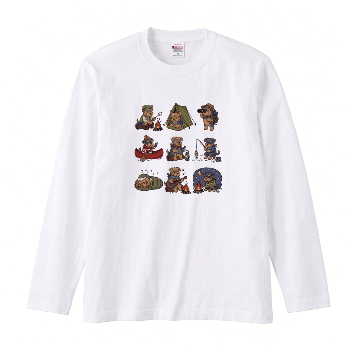 YORKIE CAMP | 手描き風 ヨーキー キャンプギア かわいい グラフィック 長袖Tシャツ【犬雑貨・秋キャンプ・ルームウェア・ギフトに最適】