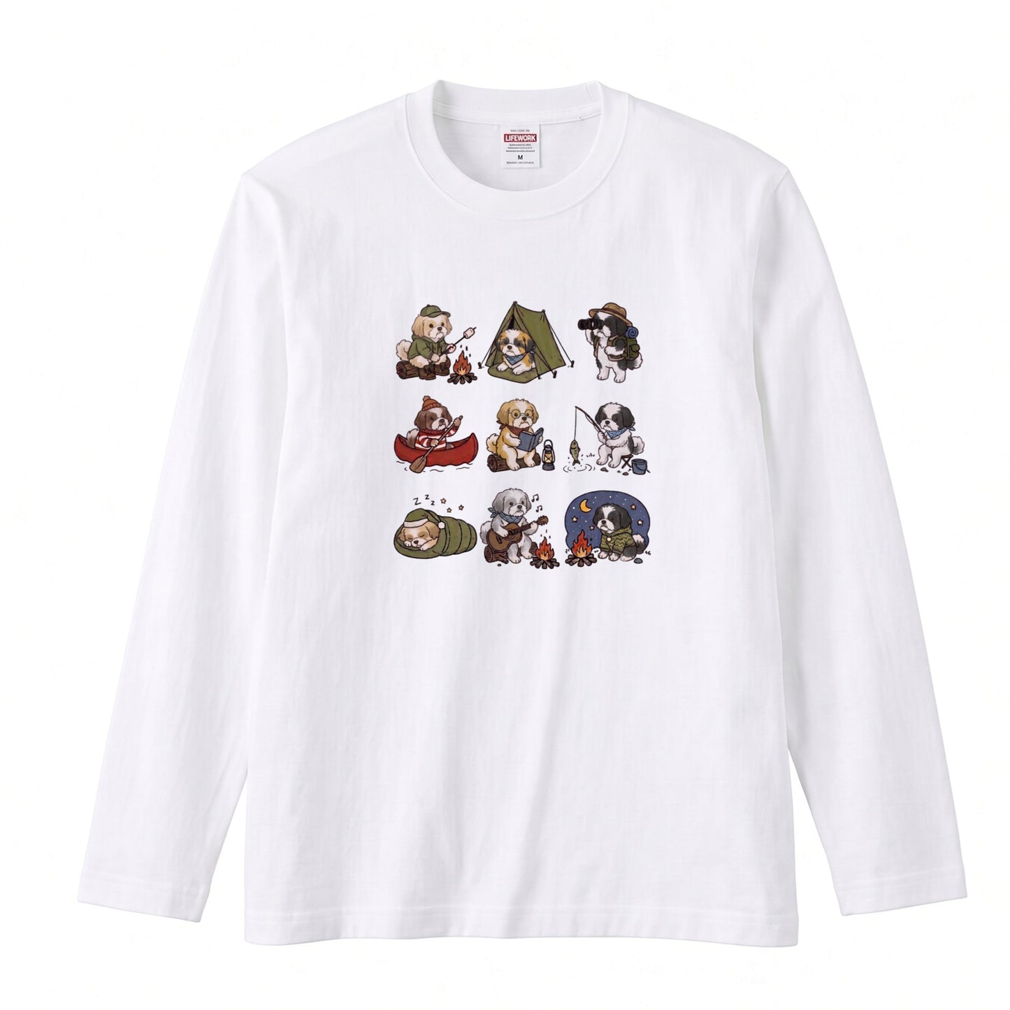 SHIH TZU CAMP | 手描き風 シーズー キャンプギア かわいい グラフィック 長袖Tシャツ【犬雑貨・秋キャンプ・ルームウェア・ギフトに最適】