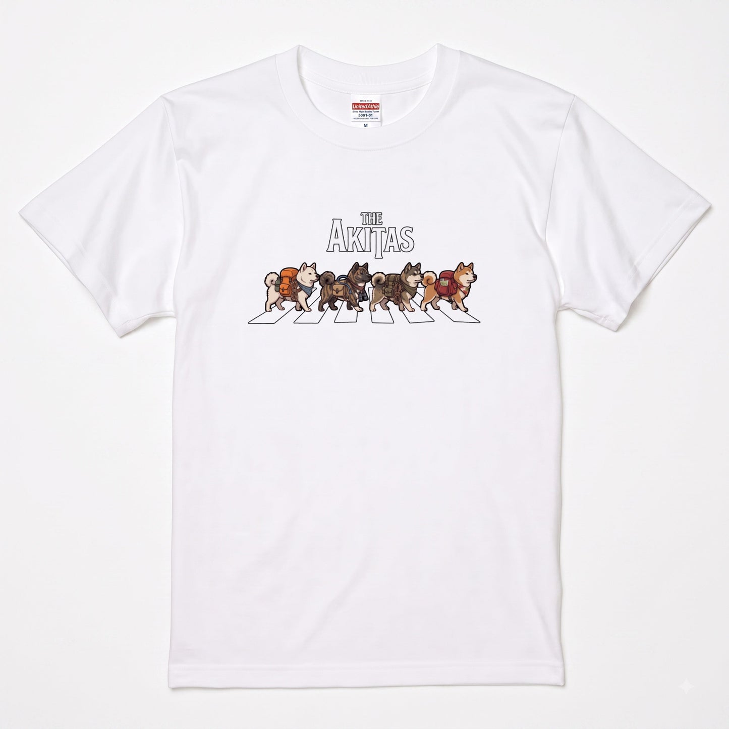 THE AKITAS | 横断歩道 ゆるかわ 秋田犬 キャンプ パロディTシャツ【犬好き・愛犬家・アウトドア・ギフトに最適】