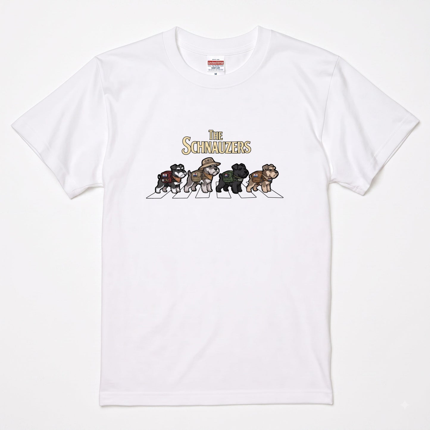 THE SCHNAUZERS 横断歩道 キャンプ ゆるかわ パロディTシャツ 【犬好き・愛犬家・アウトドア・ギフトに最適】