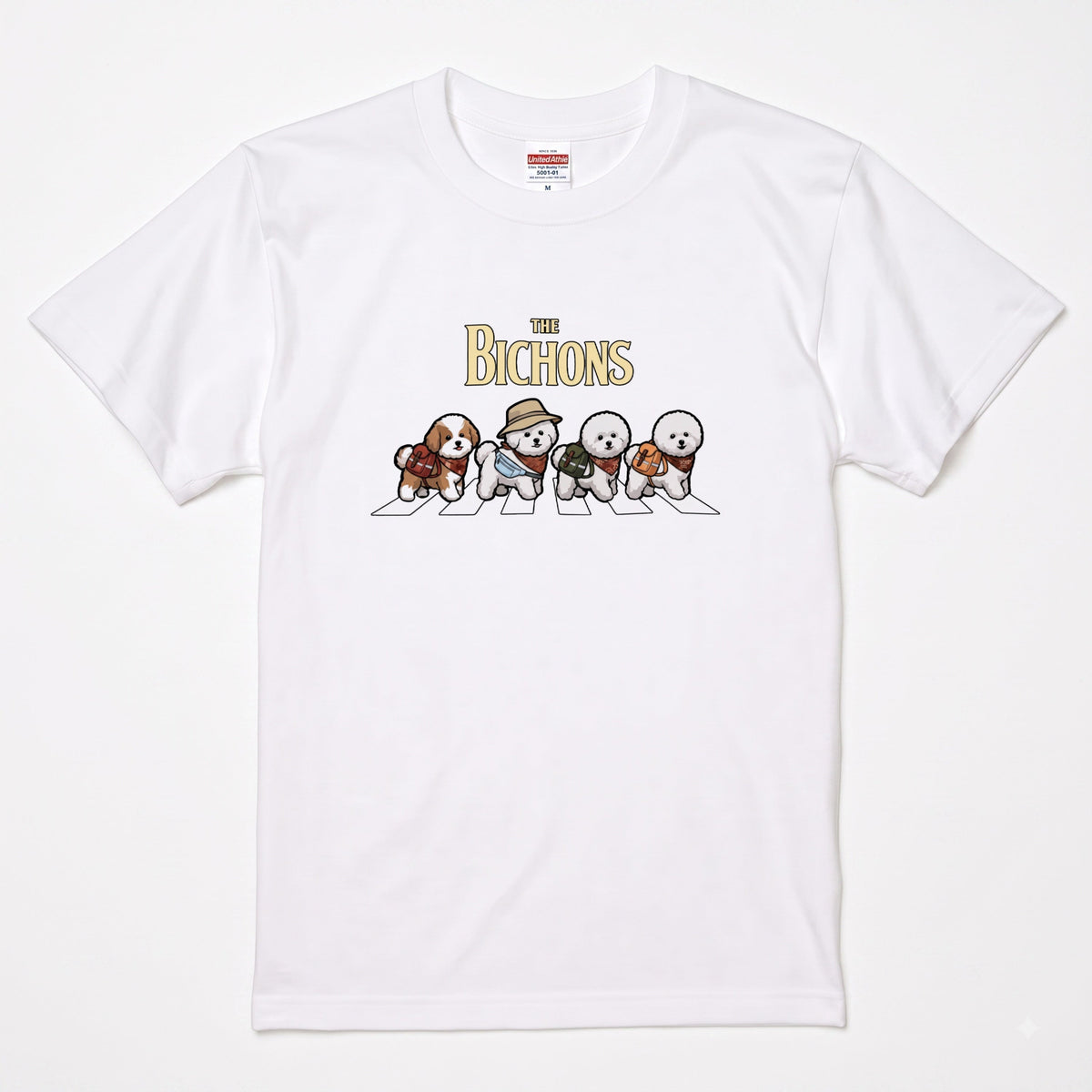 THE BICHONS 横断歩道 キャンプ ゆるかわ パロディTシャツ 【犬好き・愛犬家・アウトドア・ギフトに最適】