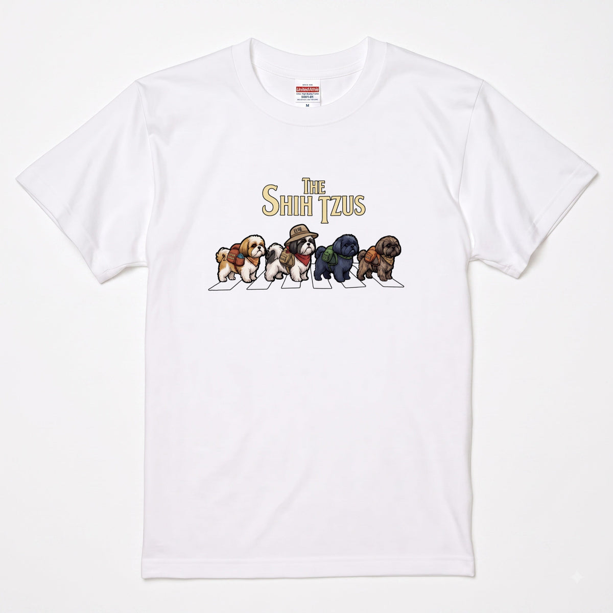 THE SHIH TZUS 横断歩道 キャンプ ゆるかわ パロディTシャツ 【犬好き・愛犬家・アウトドア・ギフトに最適】