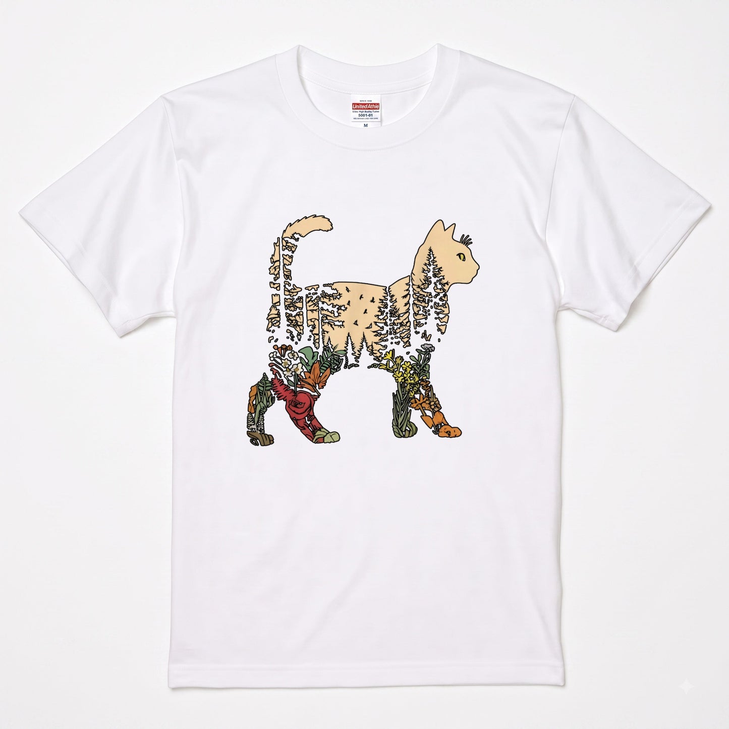 猫と森の植物 Tシャツ ｜ 猫好き・ボタニカル・自然・アウトドア・おしゃれに人気