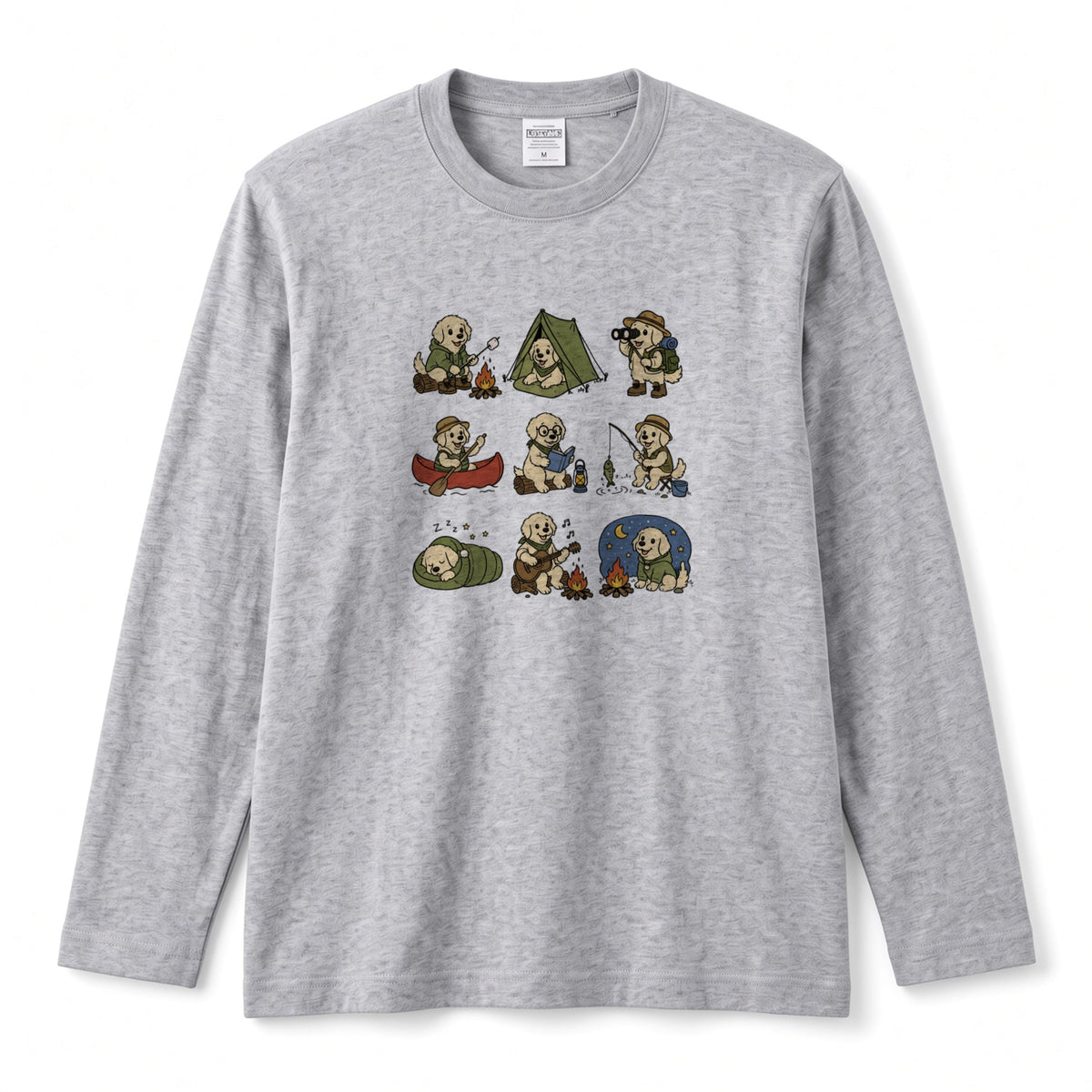 GOLDEN CAMP | 手描き風 ゴールデンレトリバー キャンプギア かわいい グラフィック 長袖Tシャツ【犬雑貨・秋キャンプ・ルームウェア・ギフトに最適】