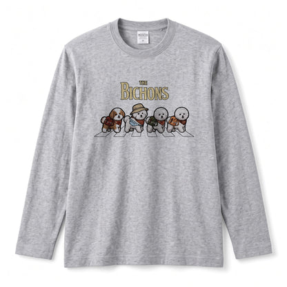 THE BICHONS ビションフリーゼ散歩デザイン ブラック長袖Tシャツ