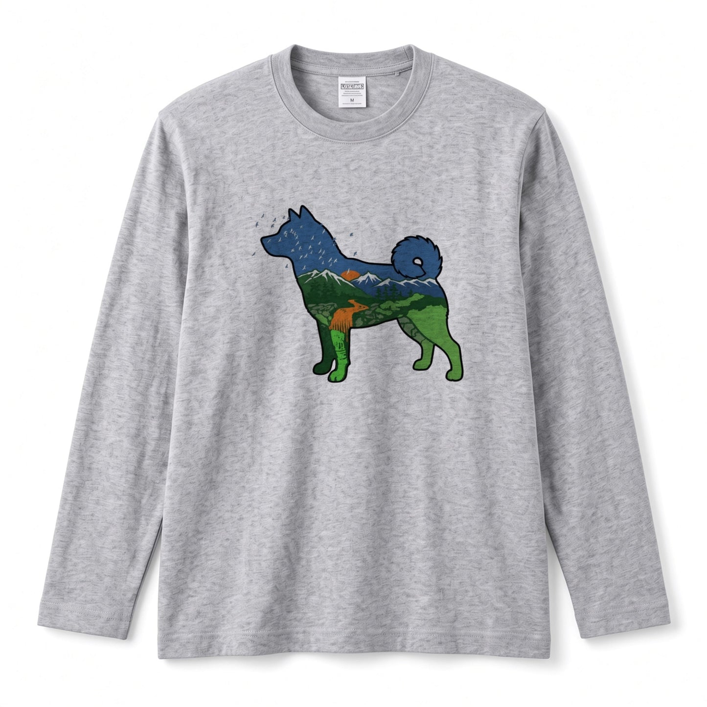 NATURE DOG ロンT | 日本犬シルエット 山と森 アートグラフィック 長袖 カジュアル Tシャツ【ドッグウェア・普段着・ルームウェア・ユニセックス・ギフトに最適】