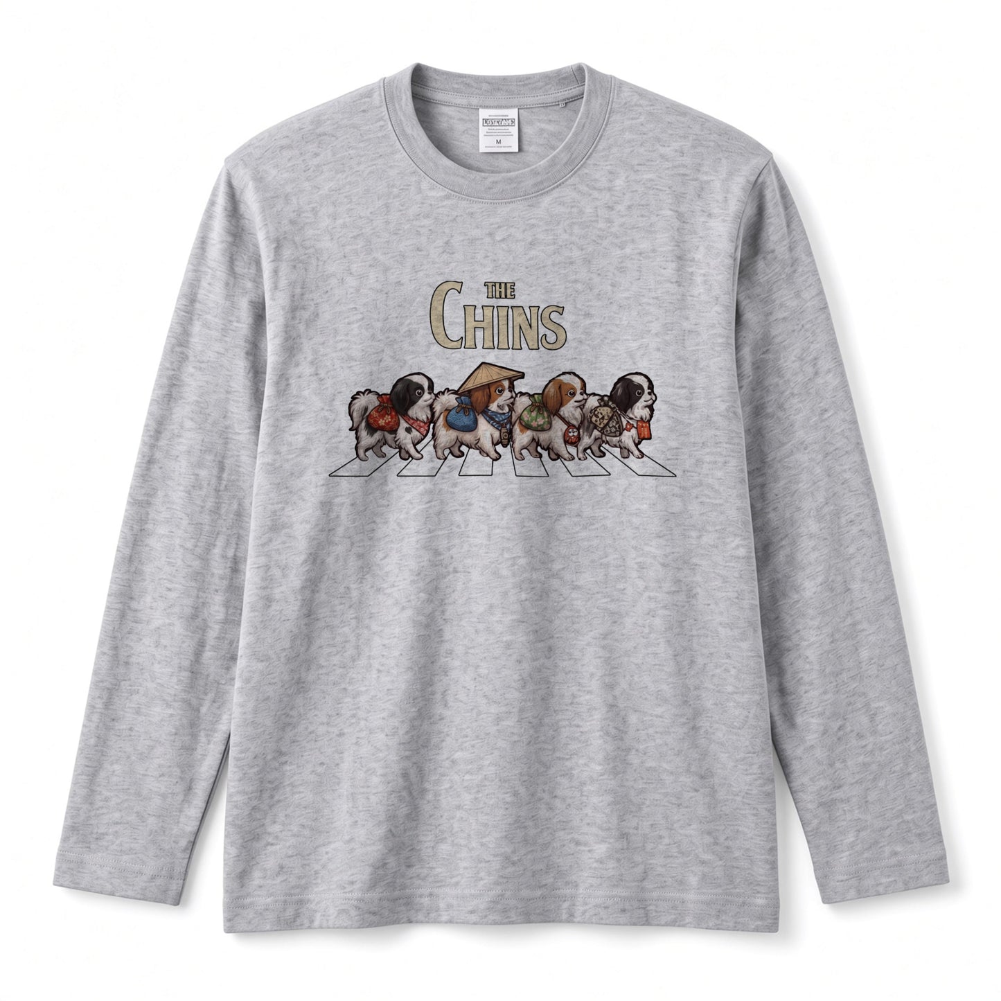 THE CHINS 狆（ちん）散歩デザイン ブラック長袖Tシャツ