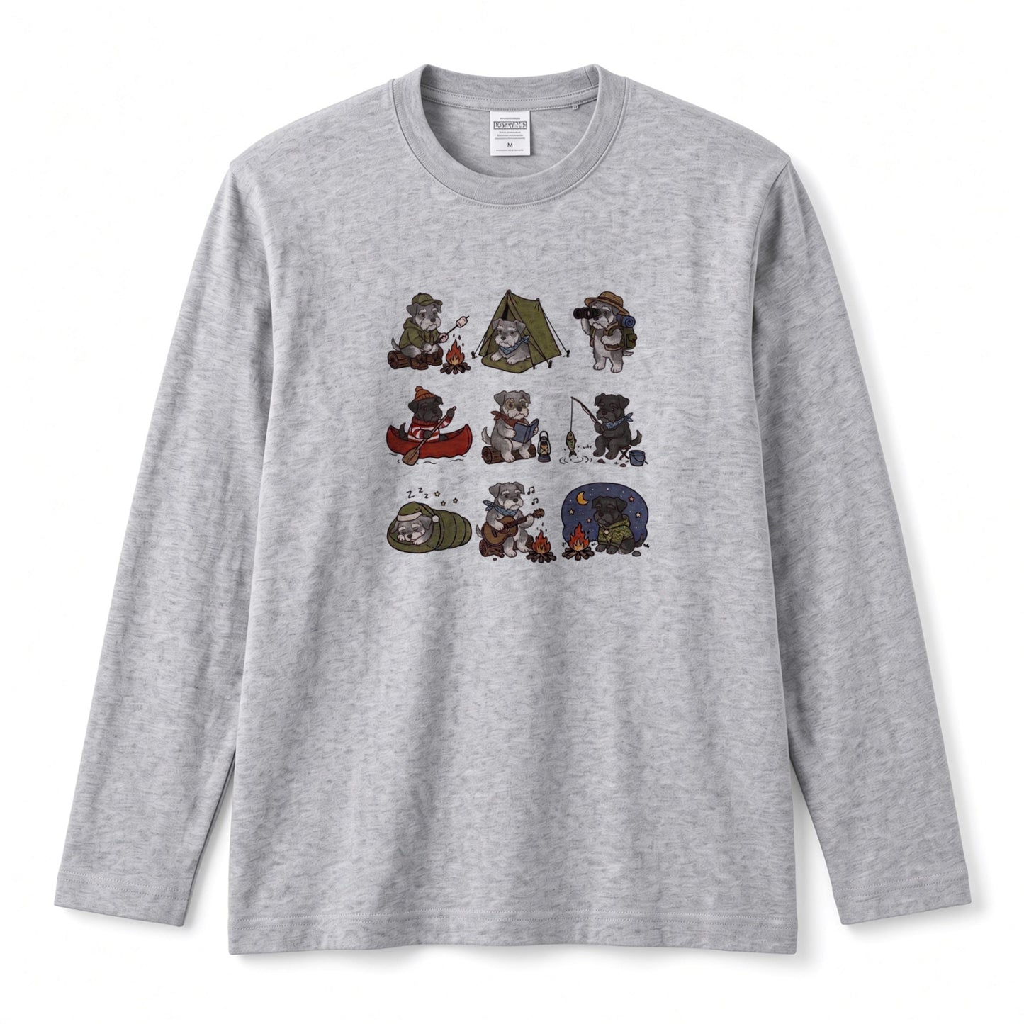 SCHNAUZER CAMP | 手描き風 シュナウザー キャンプギア かわいい グラフィック 長袖Tシャツ【犬雑貨・秋キャンプ・ルームウェア・ギフトに最適】