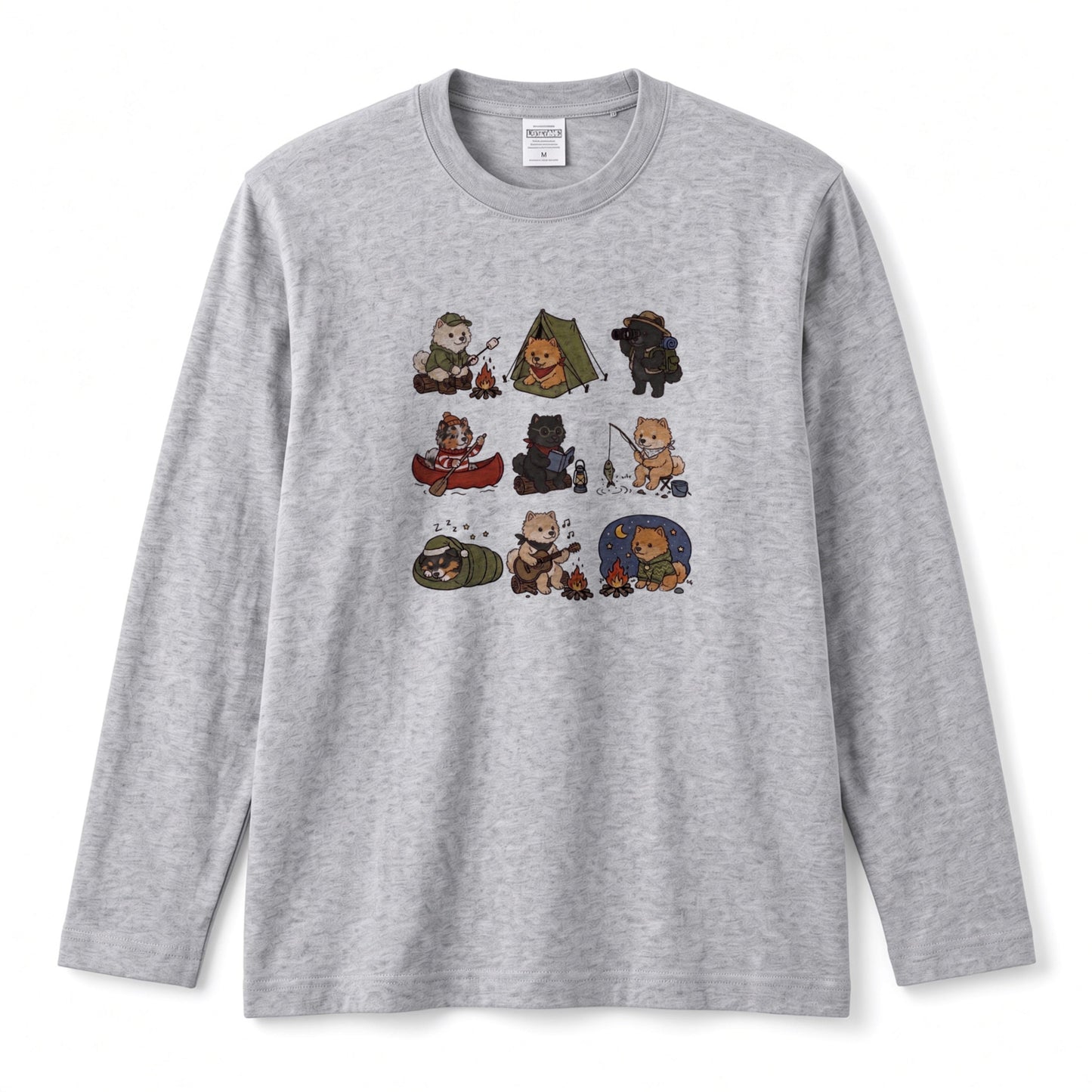 POMERANIAN CAMP | 手描き風 ポメラニアン キャンプギア かわいい グラフィック 長袖Tシャツ【犬雑貨・秋キャンプ・ルームウェア・ギフトに最適】