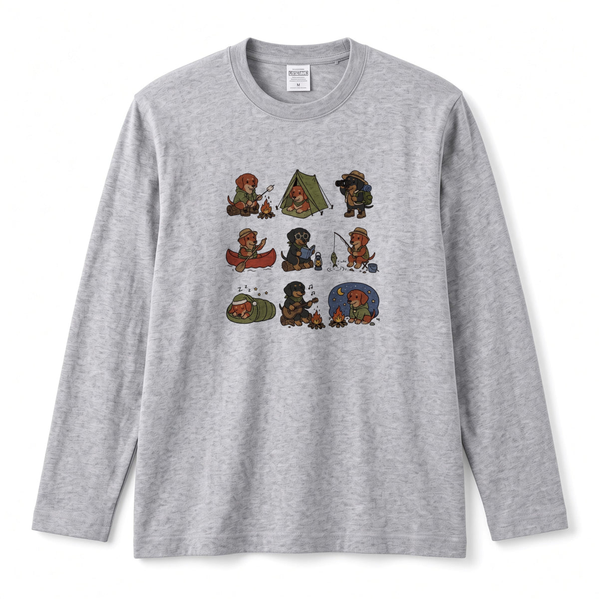 DACHSHUND CAMP | 手描き風 ミニチュアダックス キャンプギア かわいい グラフィック 長袖Tシャツ【犬雑貨・秋キャンプ・ルームウェア・ギフトに最適】