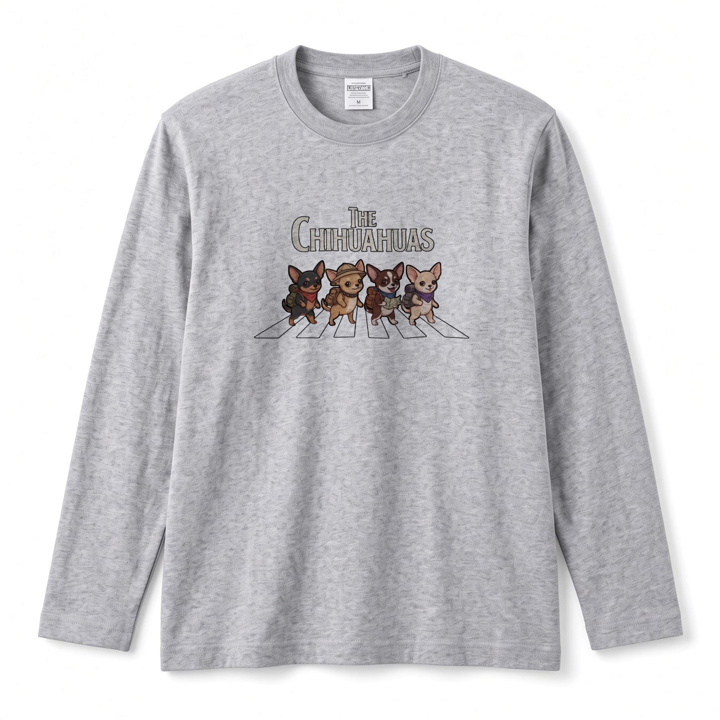 THE CHIHUAHUAS | チワワ 横断歩道 バンド風 ロンT 長袖Tシャツ 犬好き ロック【チワワグッズ・愛犬家・散歩・おもしろ・かわいい・誕生日ギフトに最適】